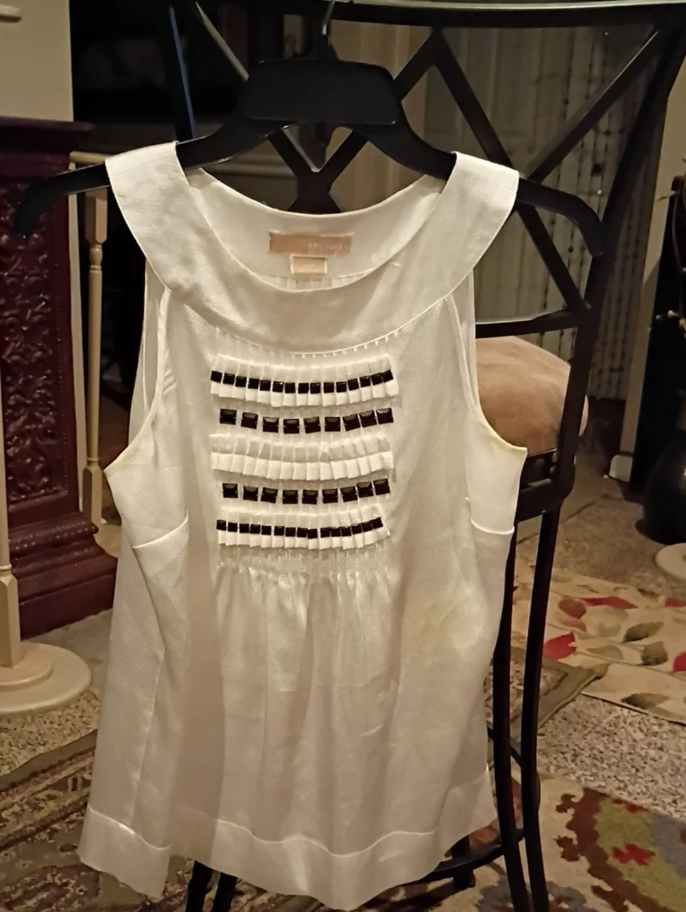 Michael Kors White Textured Shell Top w Black Embellishments